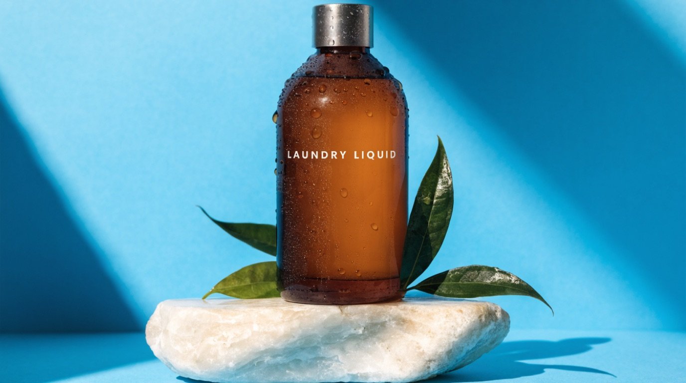 An amber glass bottle labeled Laundry Liquid, beaded with water droplets and standing on a white stone plinth against a sky-blue background with glossy green leaves