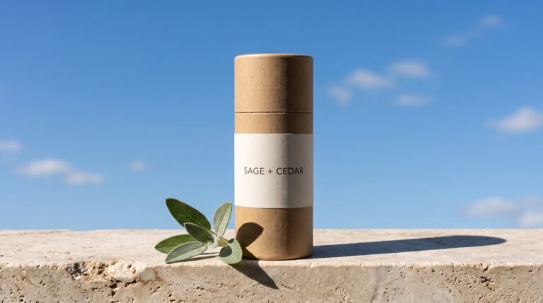 An aluminum-free deodorant stick in a paper tube standing on a pale stone ledge against a clear blue sky with a sprig of sage beside it