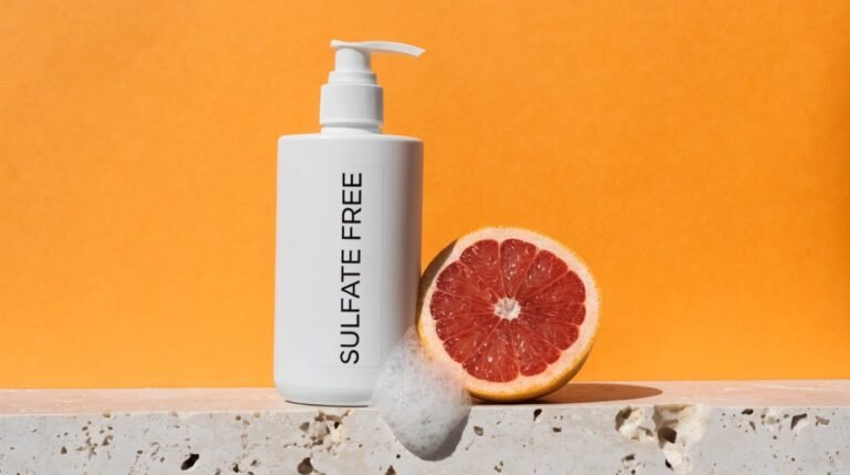 A white pump bottle labeled Sulfate Free on a travertine ledge against a bold citrus-orange background with a halved grapefruit and a drift of soap foam