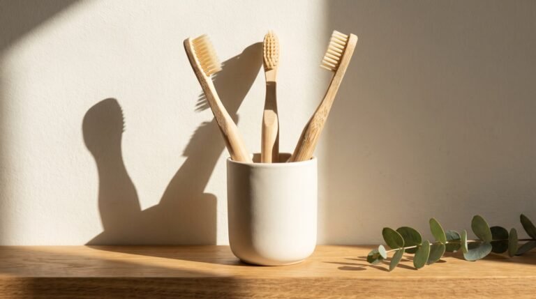 Three bamboo toothbrushes in a small ceramic cup on a sunlit bathroom shelf with a sprig of eucalyptus