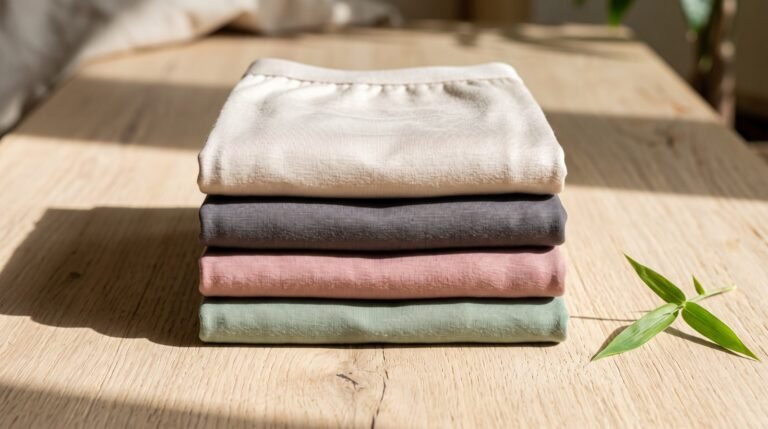 Folded soft bamboo viscose underwear in muted colors stacked on a pale wooden surface beside a green bamboo stem in bright daylight