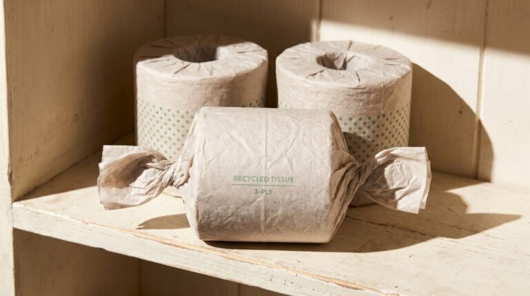 Three rolls of unbleached recycled toilet paper, each wrapped in printed tissue paper, arranged on a pale wooden bathroom shelf in bright daylight