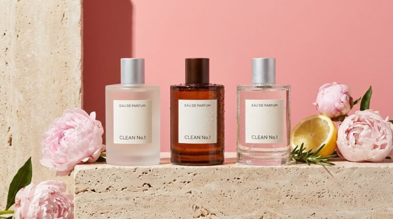 A row of clean fragrance and natural perfume bottles on a stone ledge with fresh botanicals against a bright color-blocked background