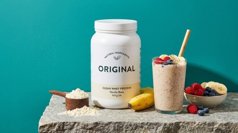 A tub of clean protein powder with a scoop, a glass of blended protein shake, and fresh fruit on a stone counter against a bright color-blocked background