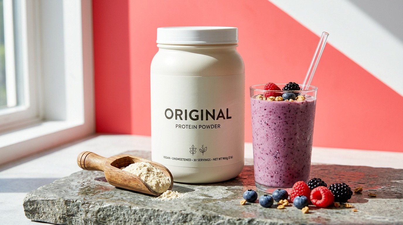 A tub of protein powder with a wooden scoop beside a blended shake and fresh berries on a bright counter