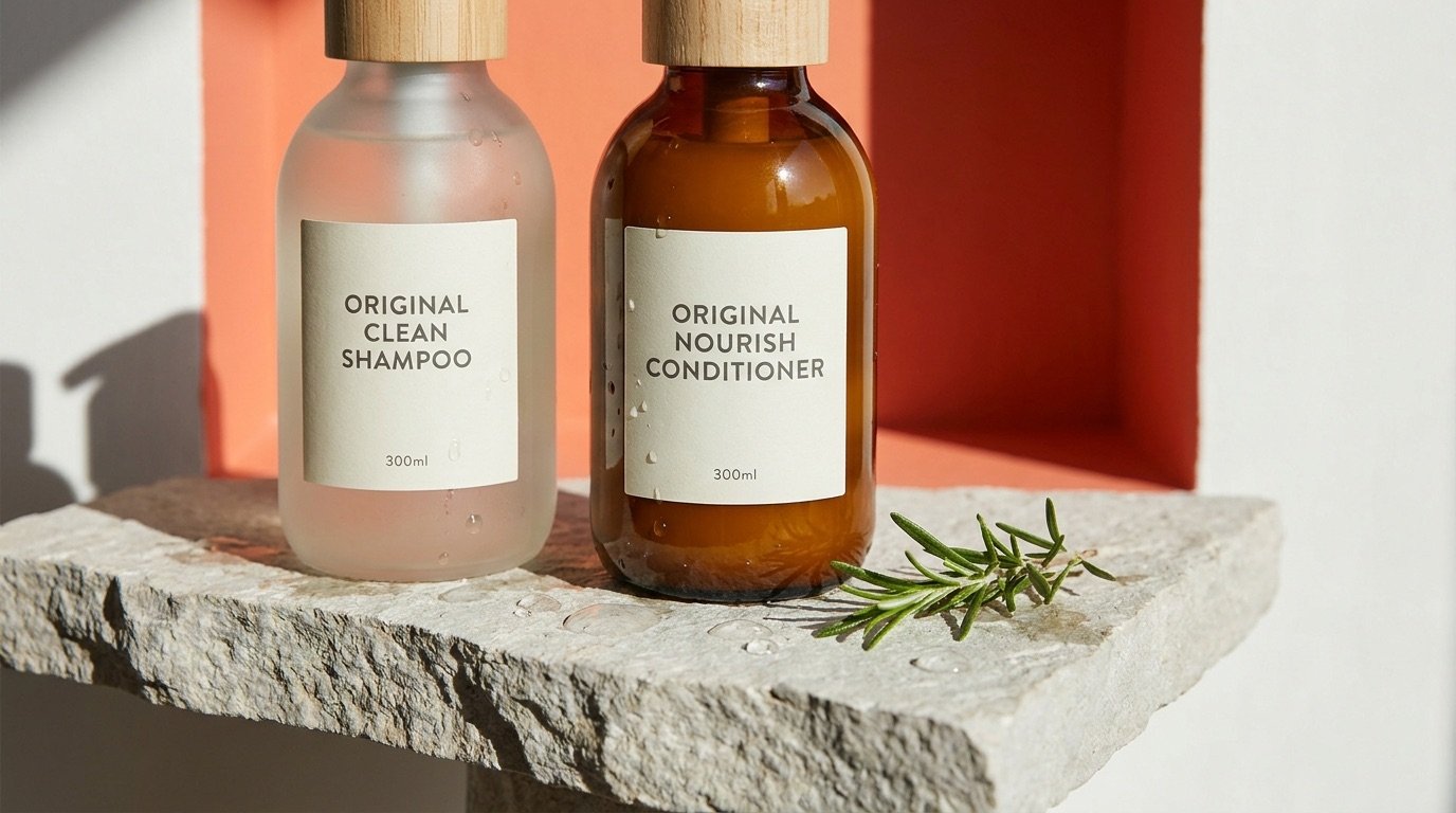 A frosted glass shampoo bottle and an amber conditioner bottle on a bright bathroom shelf