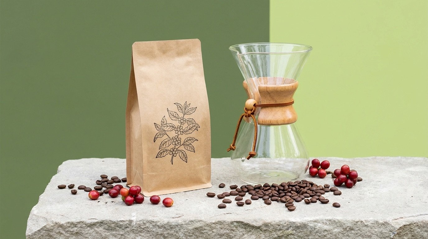 Bags of whole-bean coffee, a pour-over dripper, and scattered coffee beans and cherries on a stone surface against a bright background