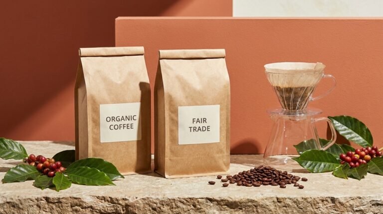 Bags of ethical coffee beans and a French press on a stone counter with fresh coffee cherries and beans against a bright color-blocked background
