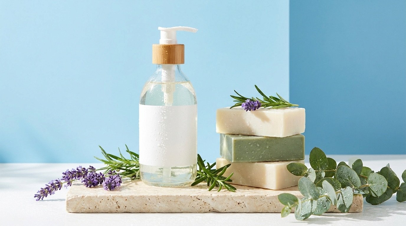 Natural body wash bottles and bar soaps with fresh botanicals and water droplets on a stone surface against a bright background