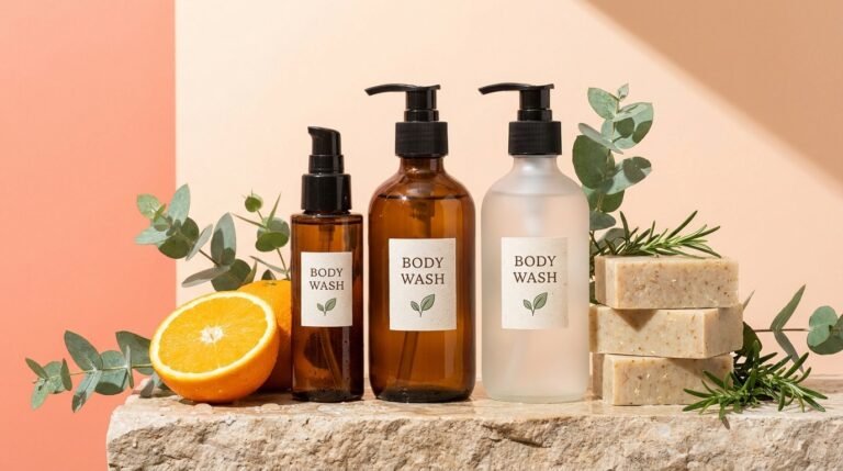 Natural body wash bottles and bar soaps on a stone ledge with fresh botanicals and water droplets against a bright color-blocked background