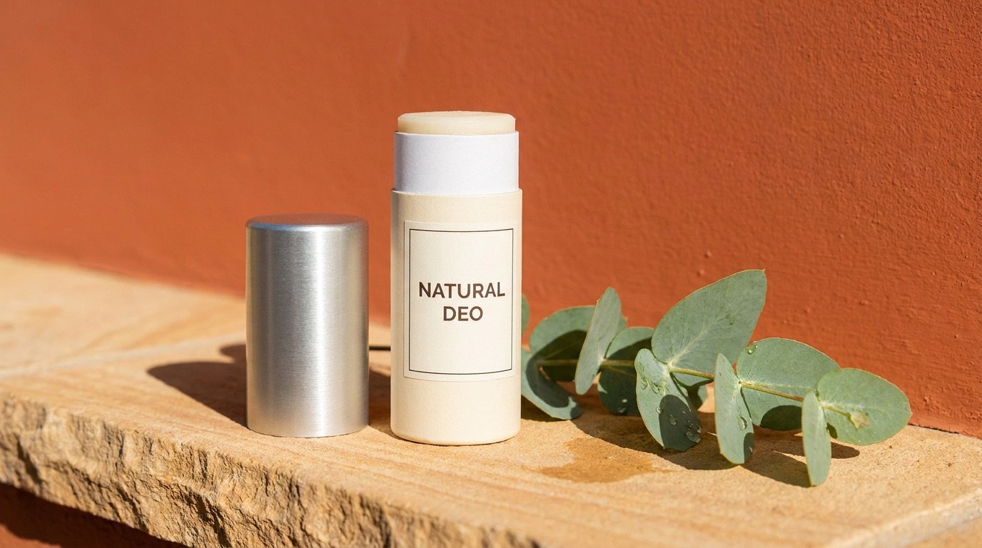 Aluminum-free natural deodorant sticks in paper tubes and a refillable metal case on a marble bathroom counter