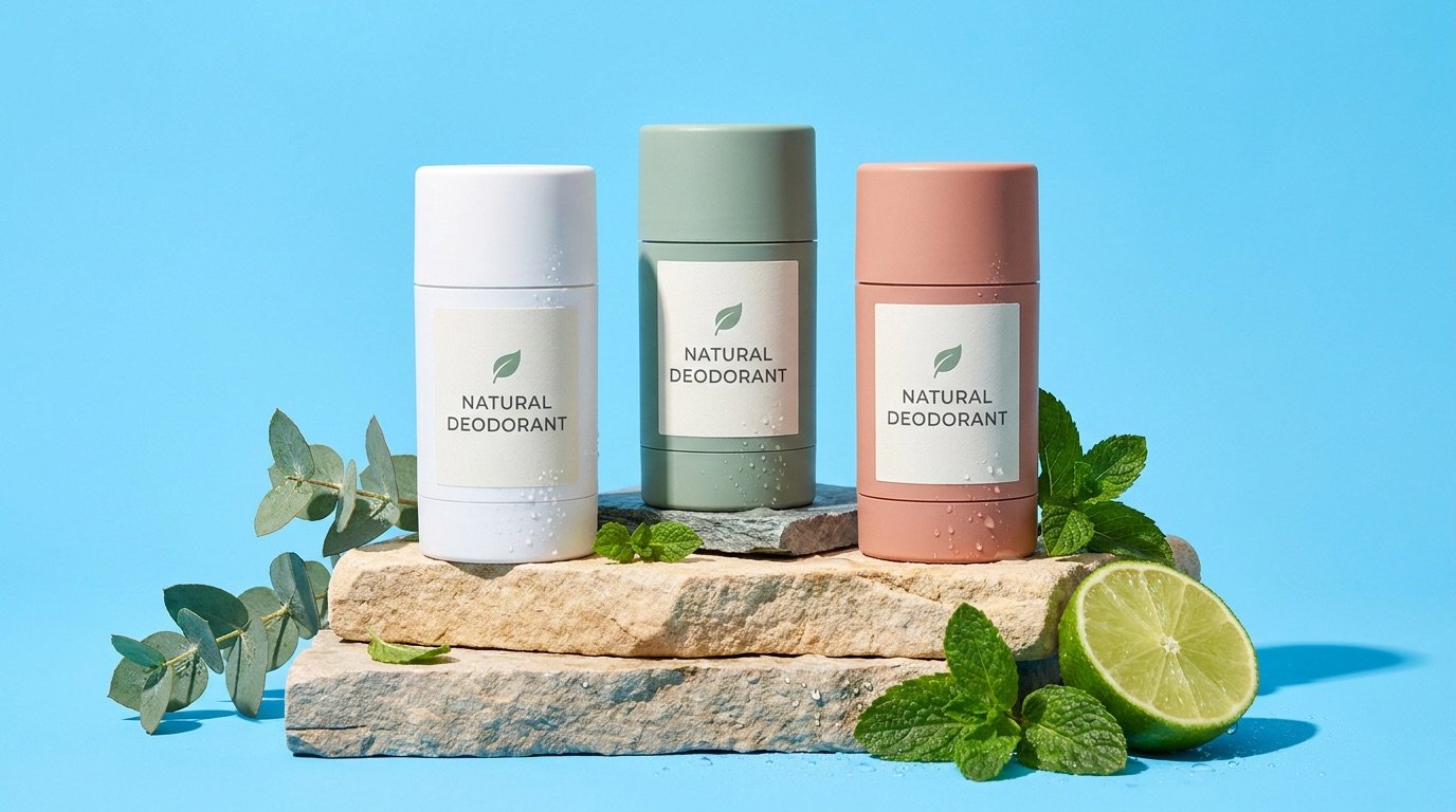 A row of aluminum-free natural deodorant sticks in paper and refillable cases on a light bathroom shelf with eucalyptus