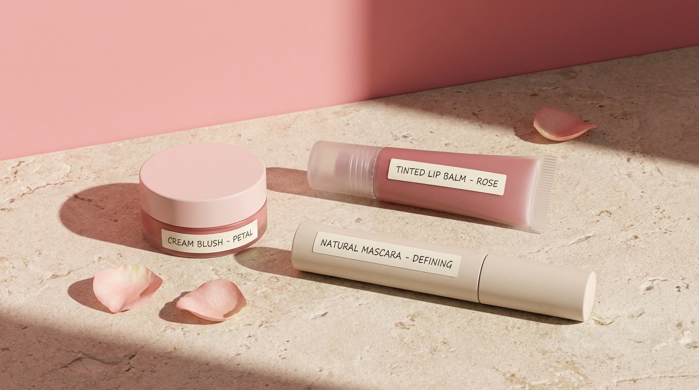 A cream blush, a tinted lip balm, and a natural mascara on a stone surface against a bright background
