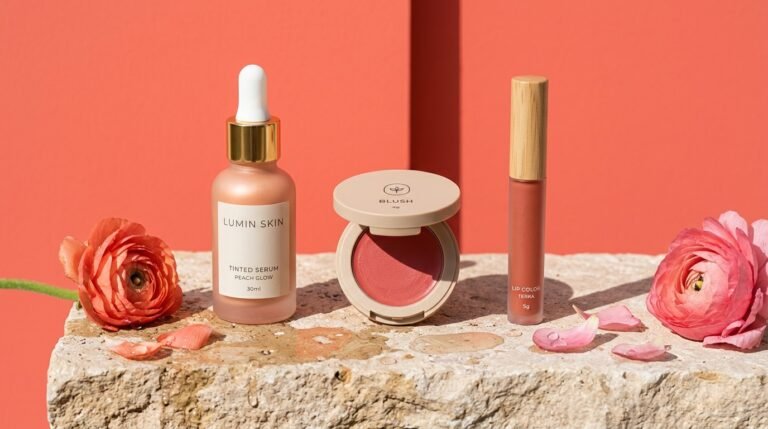 Natural makeup products including a tinted serum, cream blush, and lip color on a stone ledge against a bright color-blocked background