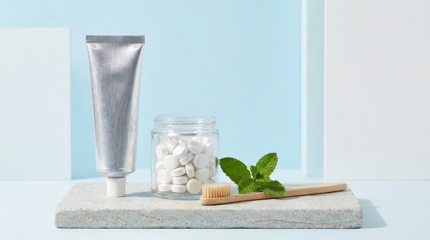 A metal toothpaste tube, glass jar of toothpaste tablets, and a bamboo toothbrush with fresh mint on a stone surface against a bright background
