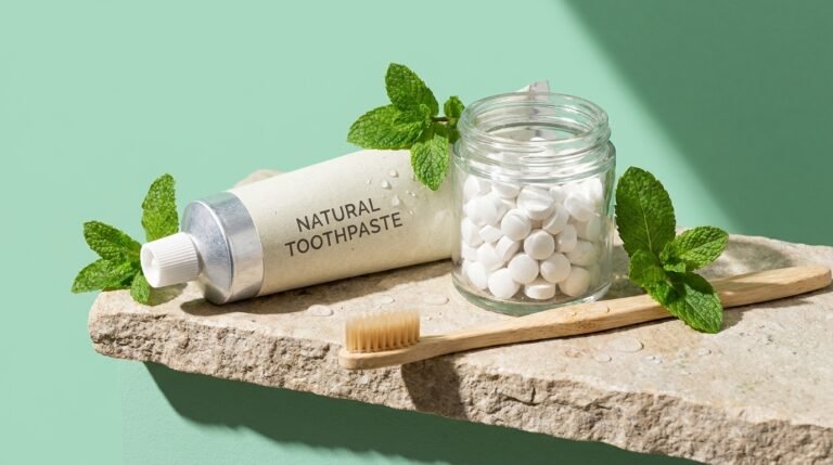 Natural toothpaste tubes, toothpaste tablets, and a bamboo toothbrush on a stone ledge with fresh mint against a bright color-blocked background