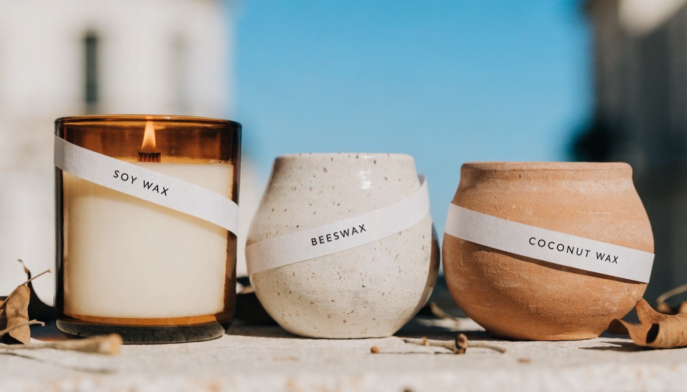 Three candles in amber glass, speckled ceramic and terracotta vessels, banded SOY WAX, BEESWAX and COCONUT WAX, with a lit wood wick and dried botanicals on a stone surface in bright sun