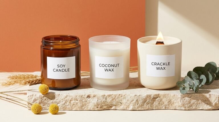 Non-toxic soy and coconut wax candles in amber and ceramic vessels on a stone ledge with dried botanicals against a bright color-blocked background