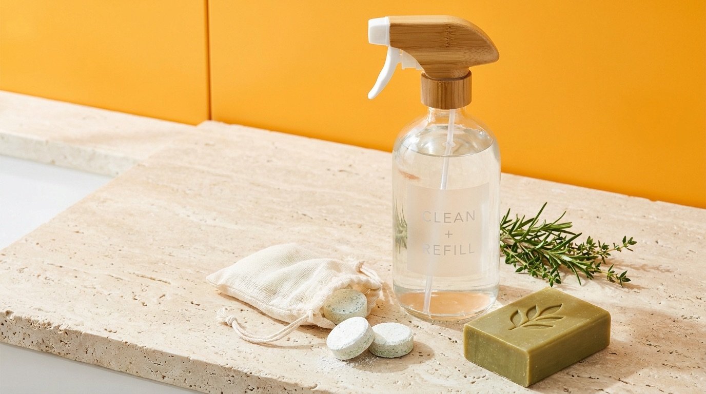 Refillable cleaning bottles, tablets, and bar soap on a stone surface with a sprig of greenery against a bright background