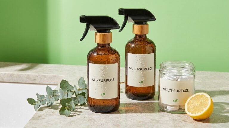 Refillable non-toxic cleaning spray bottles and tablets on a stone counter with fresh herbs against a bright color-blocked background