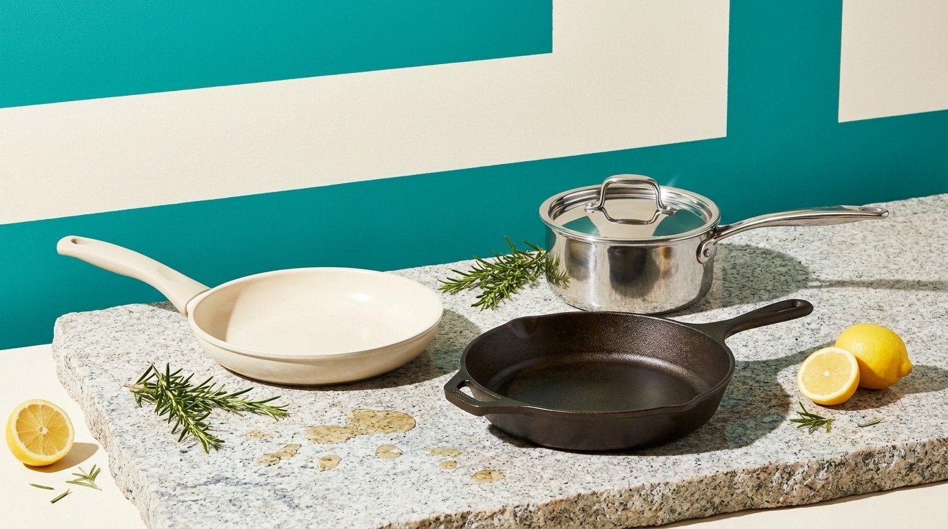 Non-toxic cookware including a ceramic pan, cast iron skillet, and stainless pot on a stone counter against a bright color-blocked background
