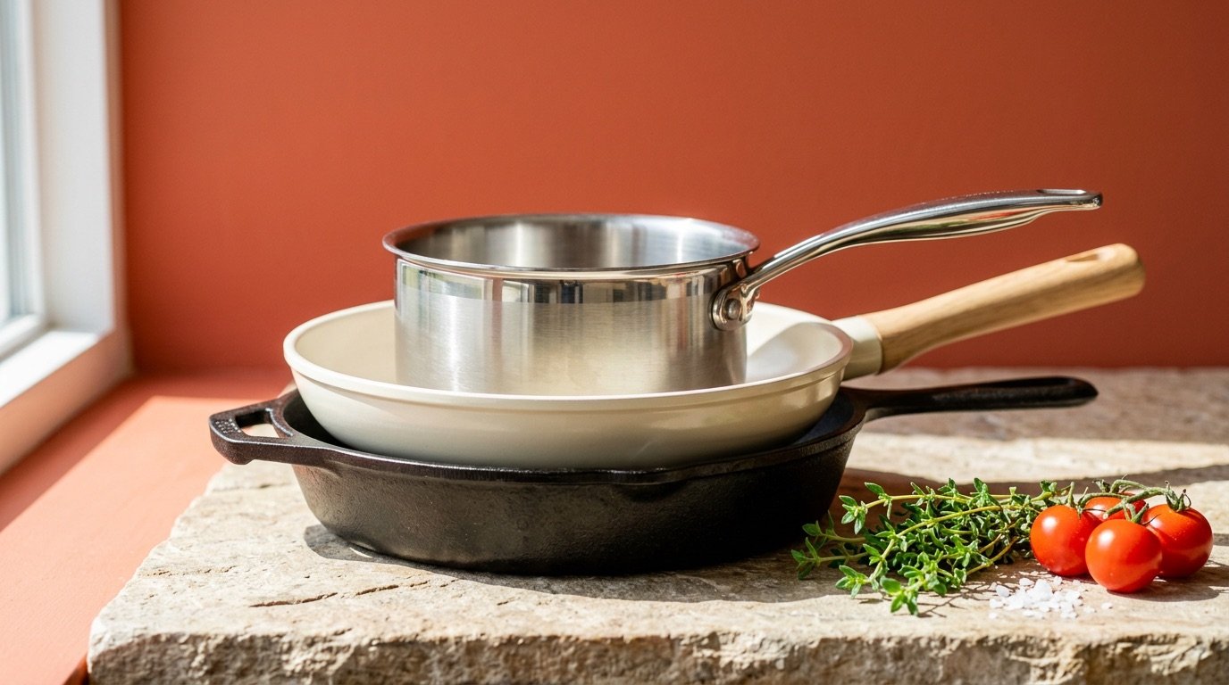 A ceramic nonstick pan, a seasoned cast iron skillet, and a stainless steel pot on a bright kitchen counter
