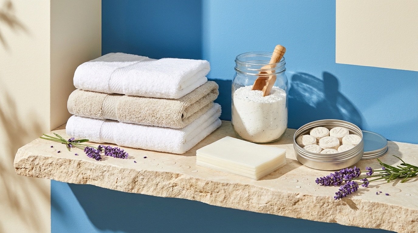 Plastic-free laundry detergent options on a shelf beside folded towels, including a glass jar of powder, detergent sheets, and a refillable tin of tablets