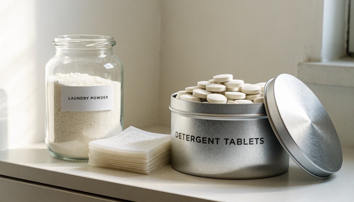 A glass jar of laundry powder, a stack of detergent sheets, and a refillable tin of tablets on a light shelf