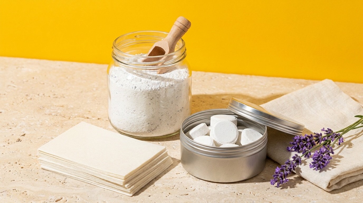 A glass jar of laundry powder, a stack of detergent sheets, and a refillable tin of tablets on a light shelf