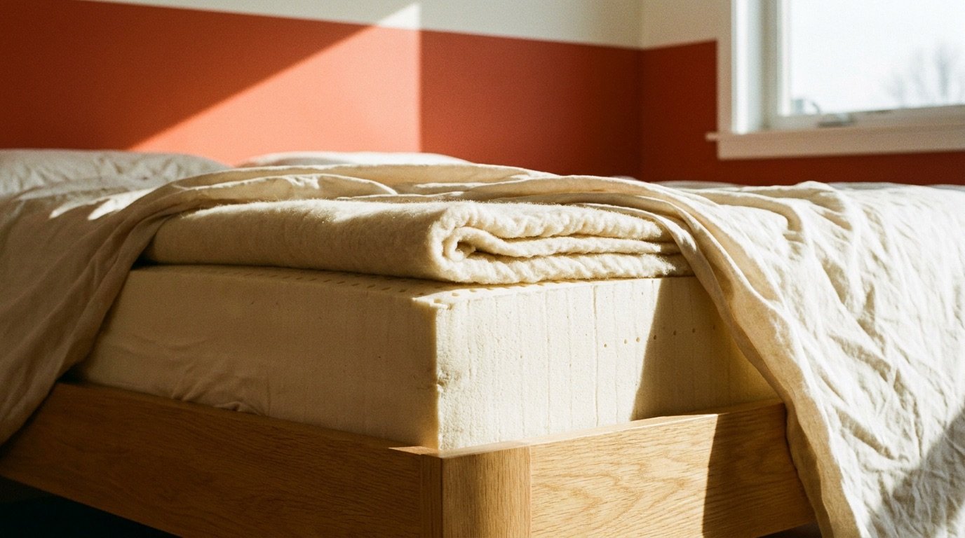 An organic latex mattress with a folded wool topper on a wooden bed frame in a bright, airy bedroom