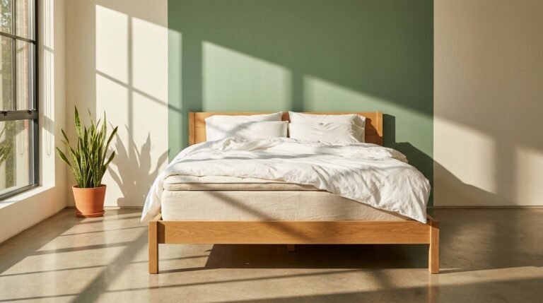 An organic mattress on a wooden bed frame in a bright bedroom against a bold color-blocked wall with natural light