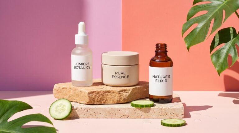 Clean skincare bottles and a jar arranged on a marble surface with eucalyptus