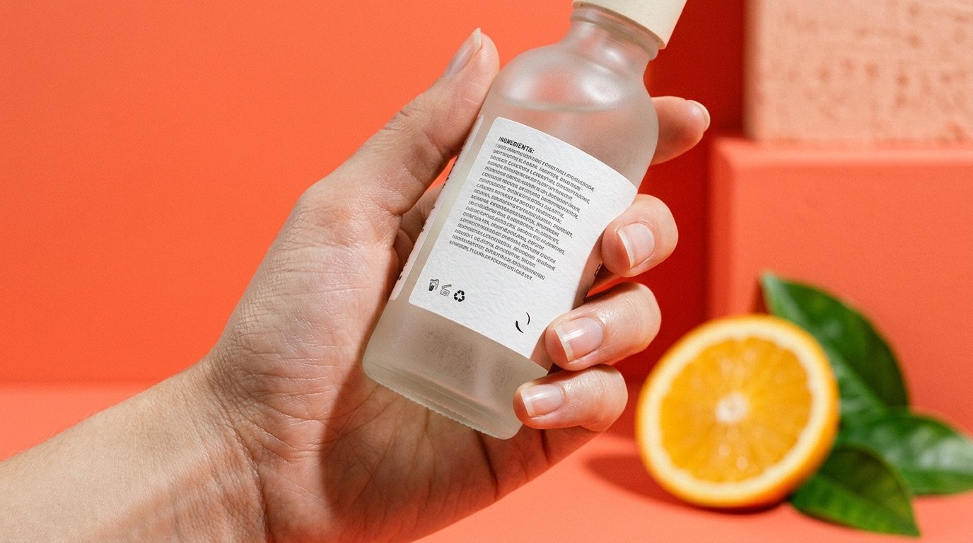 A hand checking the ingredient label on the back of a frosted skincare bottle