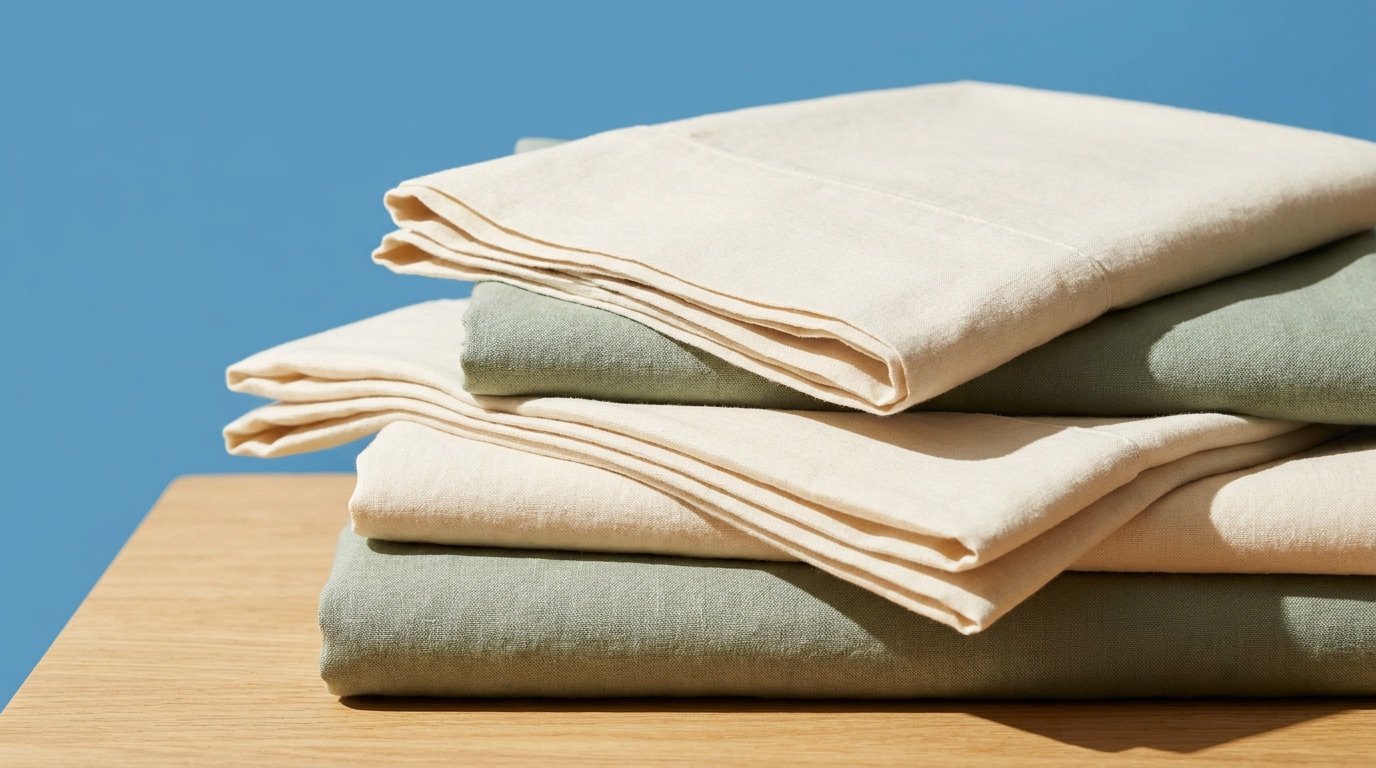 Folded organic cotton and linen sheets in soft natural tones on a wooden bench against a bright background