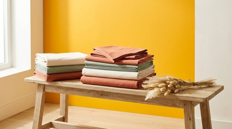 Folded organic cotton sheets and bedding in natural tones stacked on a wooden bench against a bright color-blocked background
