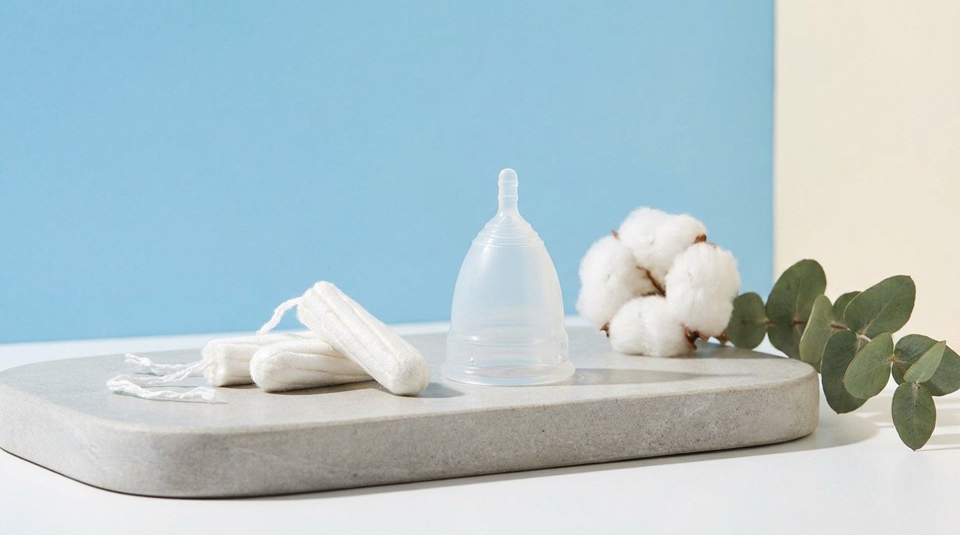 Organic cotton tampons, pads, and a reusable menstrual cup arranged on a stone surface against a bright background