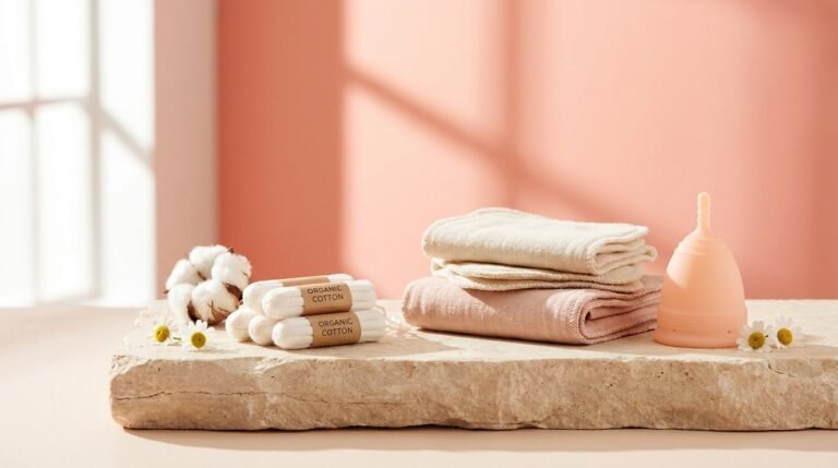 Organic cotton tampons, pads, and a menstrual cup arranged on a stone ledge with soft botanicals against a bright color-blocked background
