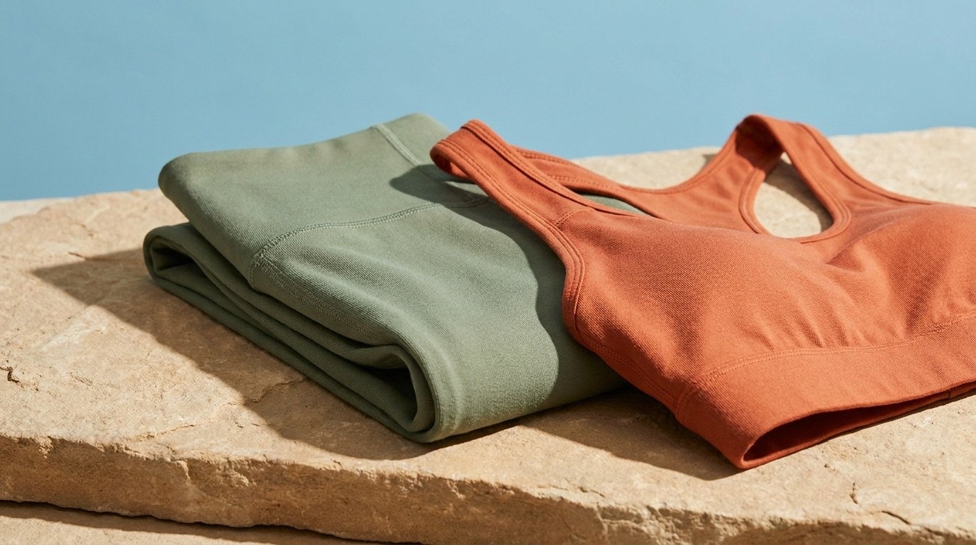 Folded recycled-fabric leggings and a sports bra in earthy tones on a stone surface against a bright background