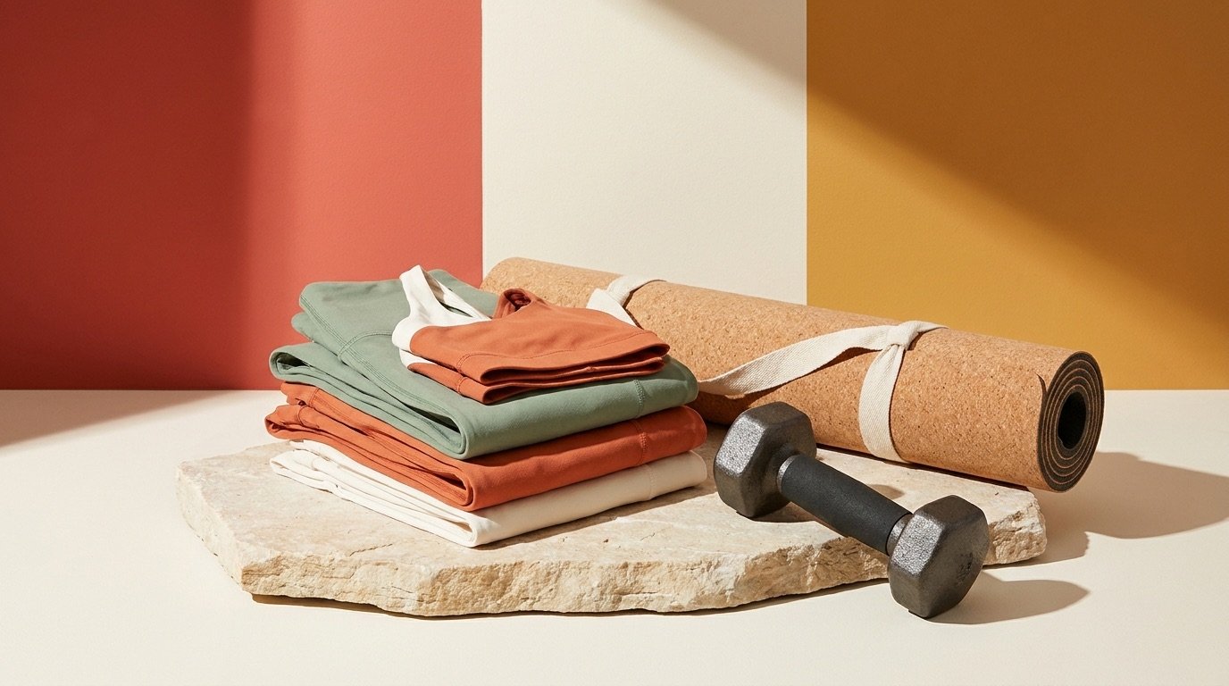 Folded sustainable activewear in earthy tones stacked on a stone surface against a bright color-blocked background