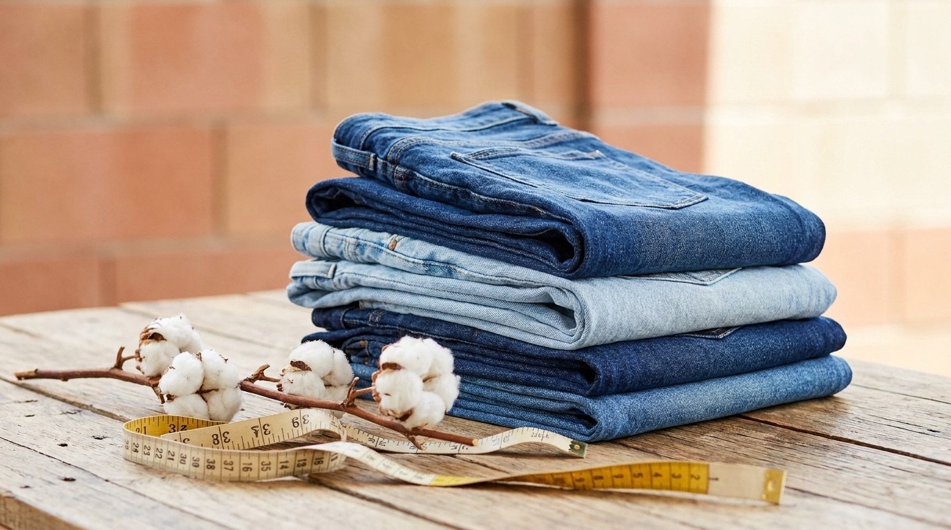 Folded pairs of sustainable jeans in indigo and light-wash denim stacked on a wooden surface against a bright background