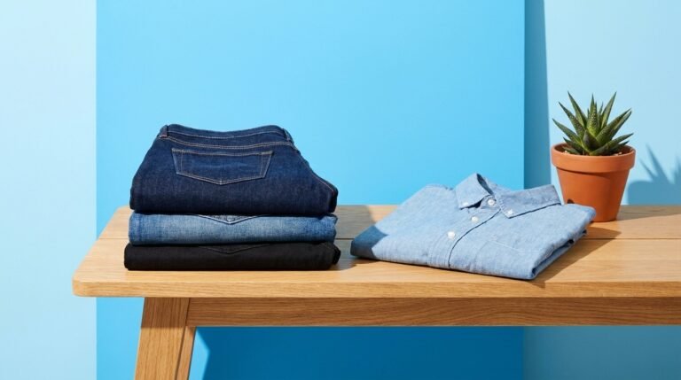 Folded pairs of sustainable jeans in indigo and washed tones stacked on a wooden bench against a bright color-blocked background
