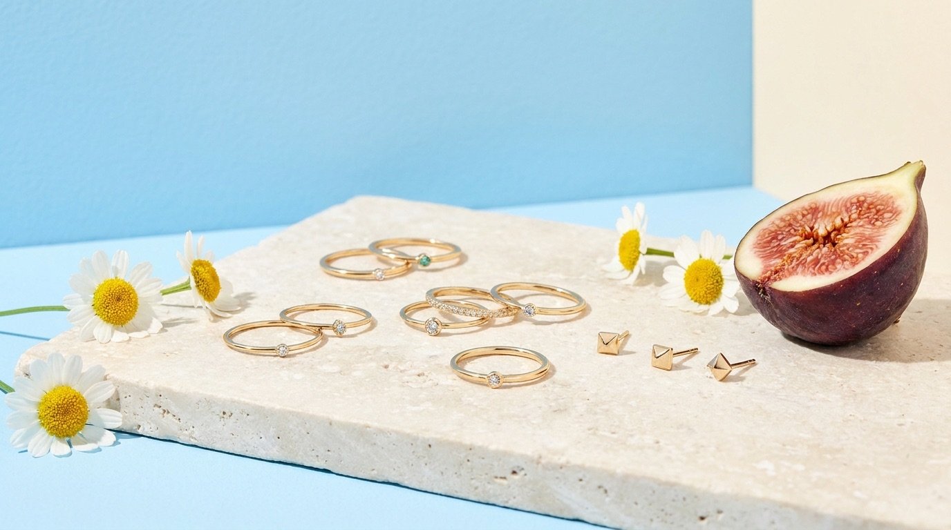 Delicate recycled gold rings and ethical jewelry pieces arranged on a stone surface against a bright background