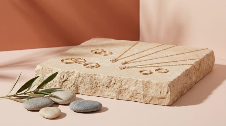 Recycled gold rings and ethical jewelry displayed on a stone pedestal against a bright color-blocked background