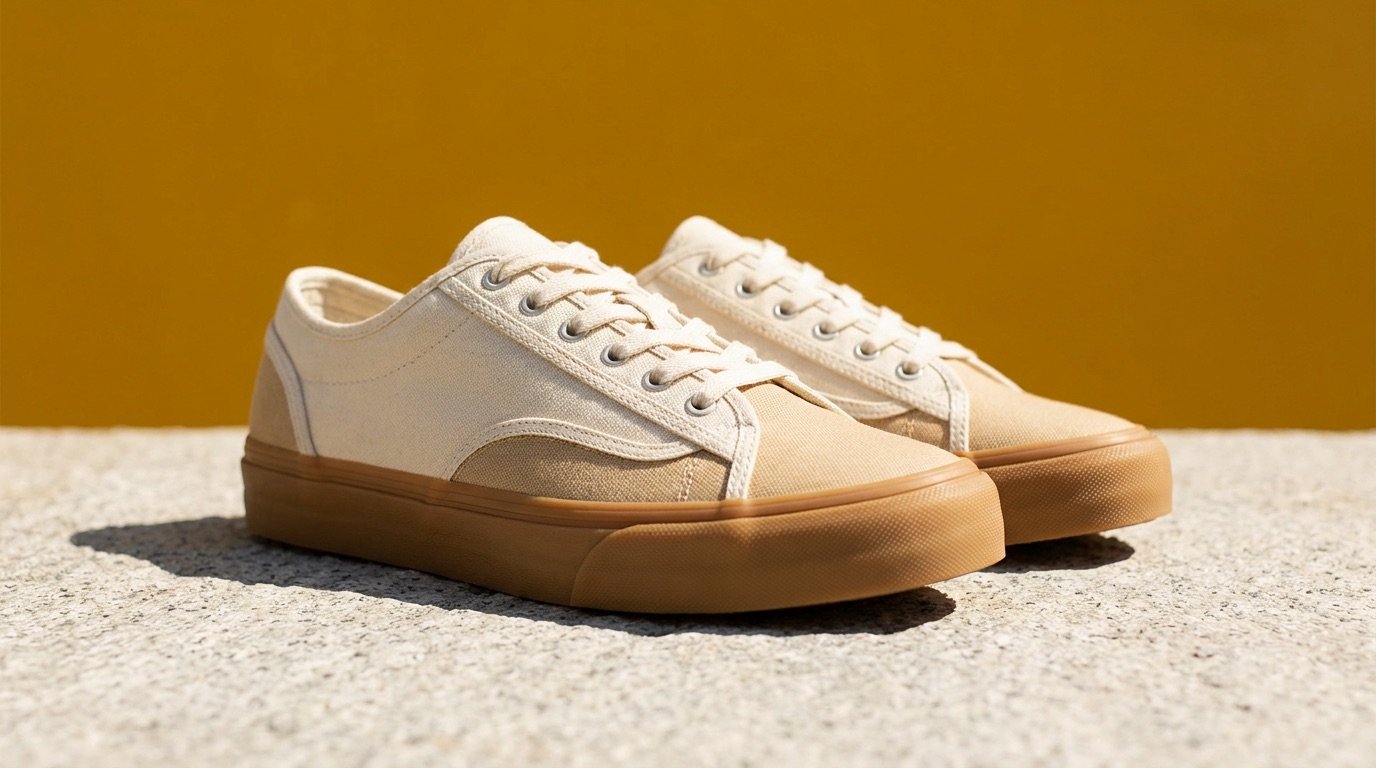 Sustainable canvas and knit sneakers in earth tones arranged on a stone surface against a bright background