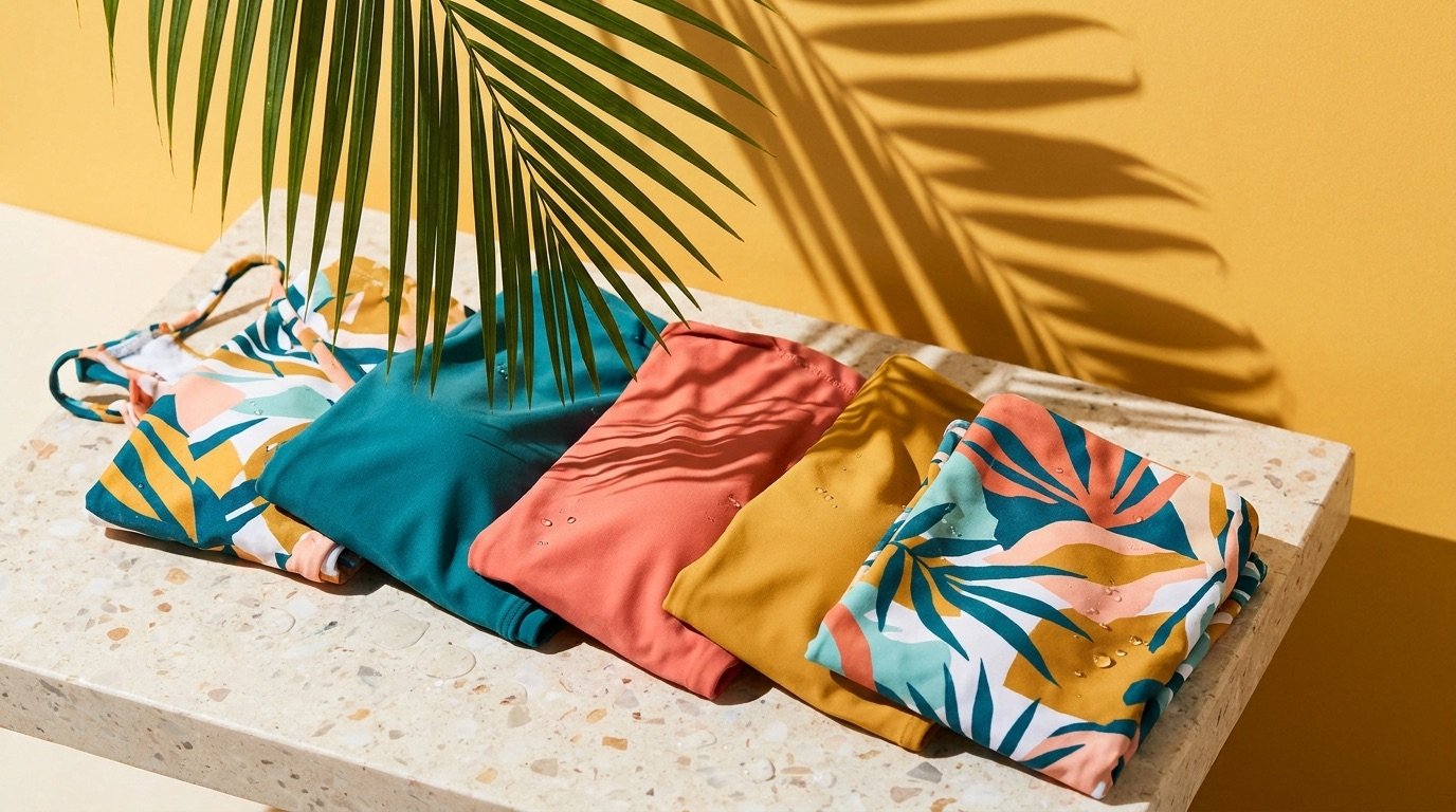 Recycled sustainable swimwear in bright prints and solids folded on a stone surface against a bright background