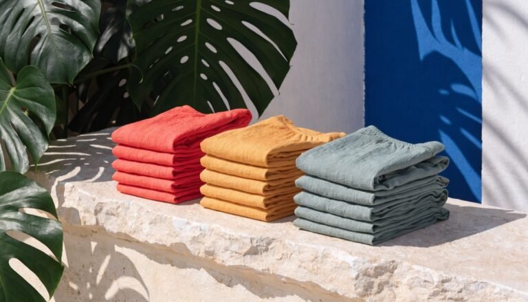 Sustainable swimwear in bright colors folded on a stone ledge with tropical greenery against a bold color-blocked background