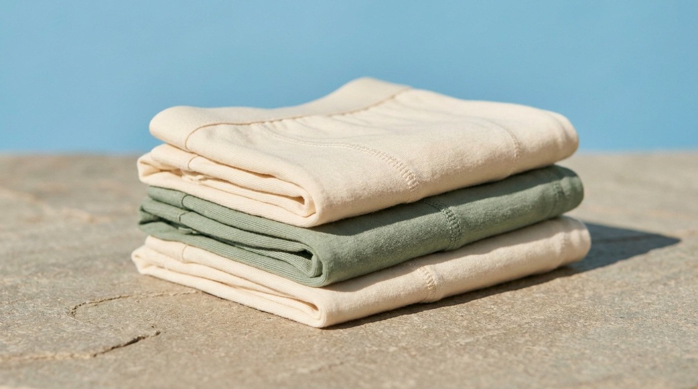 Folded organic cotton and bamboo underwear in soft natural tones on a bright surface