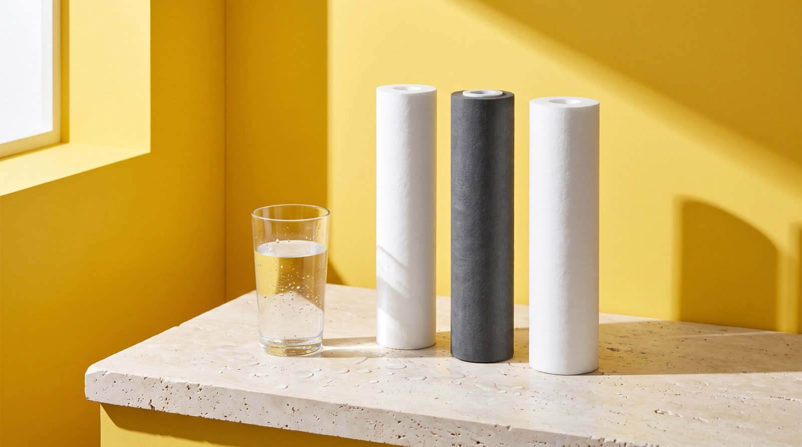 Water filter replacement cartridges beside a glass of water on a bright counter