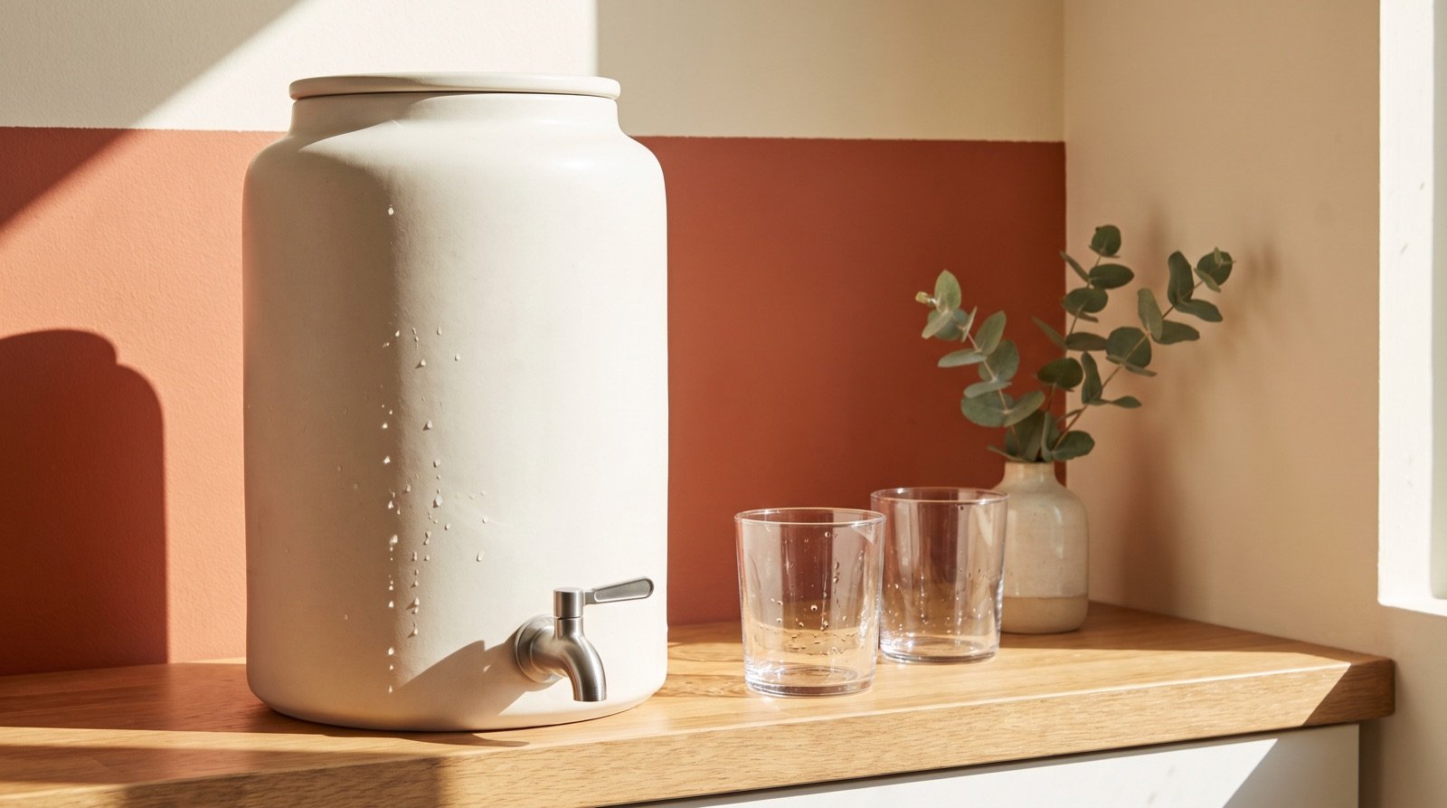 A gravity water filter dispenser on a kitchen counter beside drinking glasses