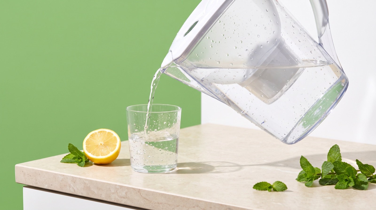 A water filter pitcher and a glass of filtered water on a kitchen counter in bright daylight
